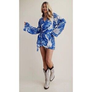 New Gigio Size S M L Blue White Tropical Leaves Collared Wrap Tunic Top